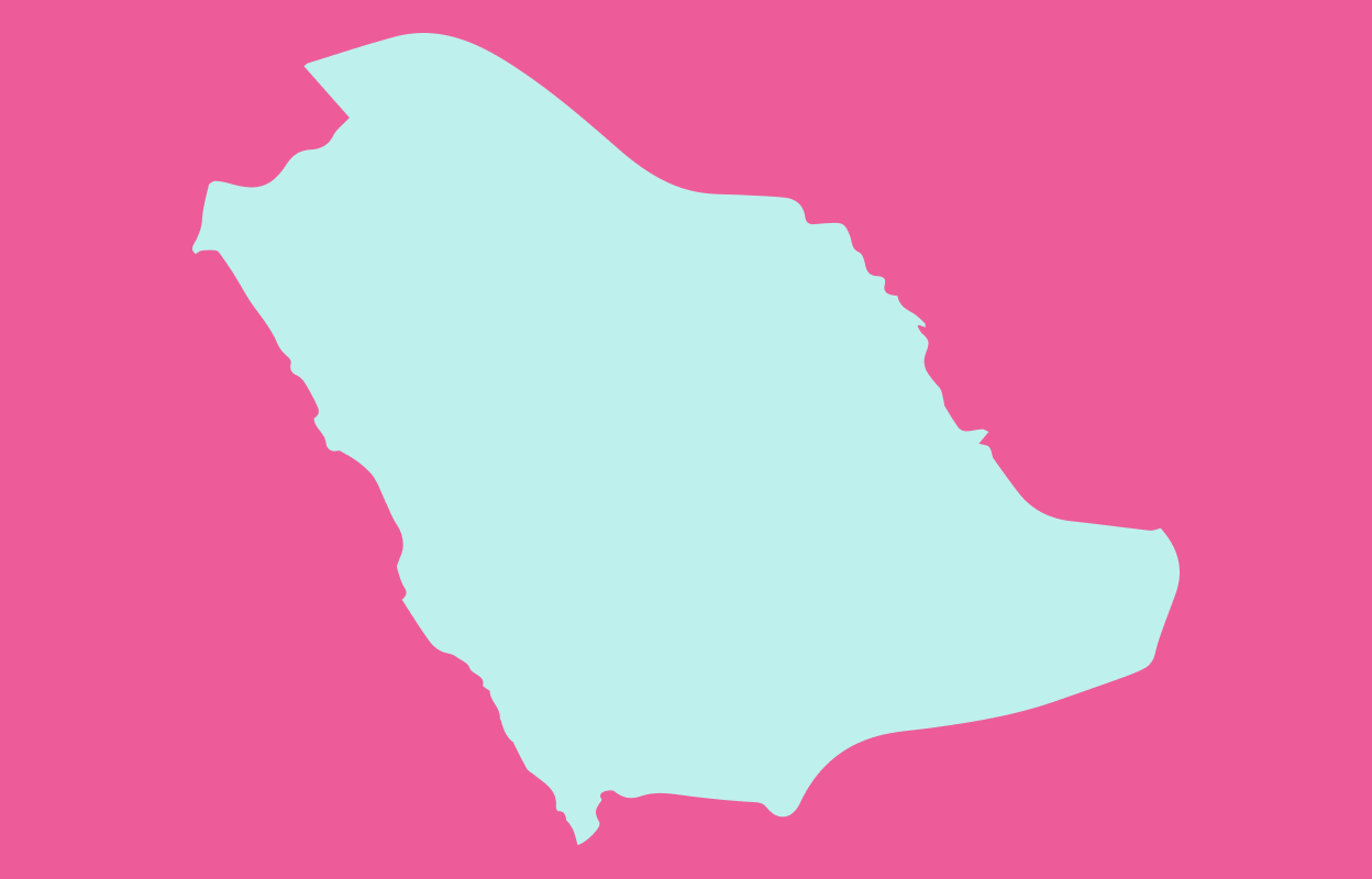 Light blue outline of Saudi Arabia on a magenta background